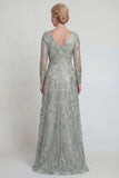 Green A Line Long Sleeves Sequin Mother of the Bride Dress with Slit