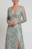 Green A Line Long Sleeves Sequin Mother of the Bride Dress with Slit