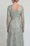 Green A Line Long Sleeves Sequin Mother of the Bride Dress with Slit
