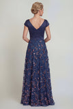 Navy Sequins A Line V Neck Long Mother of the Bride Dress with Cap Sleeves