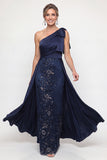 One Shoulder Navy Sheath Sequins Bowed Mother of the Bride Dress with Cape