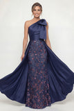 One Shoulder Navy Sheath Sequins Bowed Mother of the Bride Dress with Cape