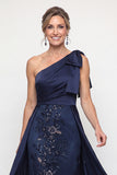 One Shoulder Navy Sheath Sequins Bowed Mother of the Bride Dress with Cape