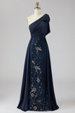 One Shoulder Navy Sheath Sequins Bowed Mother of the Bride Dress with Cape
