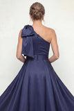One Shoulder Navy Sheath Sequins Bowed Mother of the Bride Dress with Cape