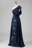 One Shoulder Navy Sheath Sequins Bowed Mother of the Bride Dress with Cape