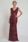 Sparkly Burgundy Sheath Cap Sleeves Long Mother of the Bride Dress with Sequins