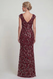 Sparkly Burgundy Sheath Cap Sleeves Long Mother of the Bride Dress with Sequins