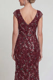 Sparkly Burgundy Sheath Cap Sleeves Long Mother of the Bride Dress with Sequins