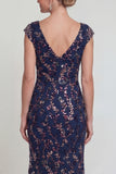 Sparkly Navy Sheath Cap Sleeves Long Mother of the Bride Dress with Sequins