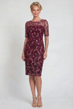 Burgundy Sheath Sequins Boat Neck Midi Mother of the Bride Dress