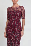 Burgundy Sheath Sequins Boat Neck Midi Mother of the Bride Dress