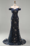 Off The Shoulder Navy Floral Beaded Mermaid Long Mother Of The Bride Dress