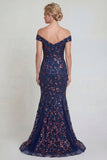Navy Mermaid Off The Shoulder Long Mother of the Bride Dress with Sequins