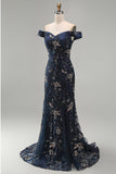 Off The Shoulder Navy Floral Beaded Mermaid Long Mother Of The Bride Dress