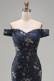 Off The Shoulder Navy Floral Beaded Mermaid Long Mother Of The Bride Dress