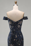 Off The Shoulder Navy Floral Beaded Mermaid Long Mother Of The Bride Dress