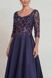 Navy Sequins A Line Long Mother of the Bride Dress with Half Sleeves