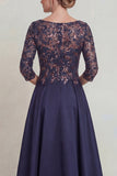 Navy Sequins A Line Long Mother of the Bride Dress with Half Sleeves