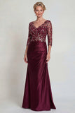 Burgundy Mermaid V Neck Sequin Mother of the Bride Dress with 3/4 Sleeves