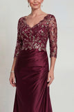 Burgundy Mermaid V Neck Sequin Mother of the Bride Dress with 3/4 Sleeves