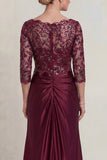 Burgundy Mermaid V Neck Sequin Mother of the Bride Dress with 3/4 Sleeves