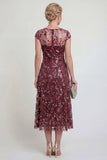 Sparkly Burgundy Sheath Sequins Boat Neck Midi Mother of the Bride Dress