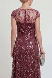 Sparkly Burgundy Sheath Sequins Boat Neck Midi Mother of the Bride Dress
