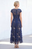 Sparkly Navy Sheath Sequins Boat Neck Midi Mother of the Bride Dress