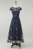 Sparkly Navy Sheath Sequins Boat Neck Midi Mother of the Bride Dress