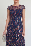 Sparkly Navy Sheath Sequins Boat Neck Midi Mother of the Bride Dress