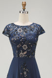 Sparkly Navy Sheath Sequins Boat Neck Midi Mother of the Bride Dress