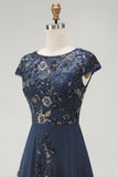 Sparkly Navy Sheath Sequins Boat Neck Midi Mother of the Bride Dress