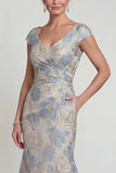 Dusty Blue Mermaid V Neck Floral Mother Of Bride Dress