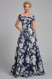 Navy Floral Off The Shoulder A Line Printed Mother of the Bride Dress with Pockets