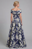 Navy Floral Off The Shoulder A Line Printed Mother of the Bride Dress with Pockets