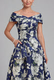 Navy Floral Off The Shoulder A Line Printed Mother of the Bride Dress with Pockets