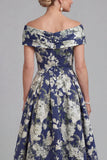 Navy Floral Off The Shoulder A Line Printed Mother of the Bride Dress with Pockets