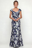 Navy Mermaid Printed Floral Mother of the Bride Dress