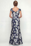 Navy Mermaid Printed Floral Mother of the Bride Dress