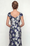 Navy Mermaid Printed Floral Mother of the Bride Dress