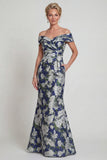 Navy Floral Off The Shoulder Printed Mermaid Mother of the Bride Dress with Pockets