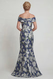 Navy Floral Off The Shoulder Printed Mermaid Mother of the Bride Dress with Pockets