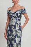 Navy Floral Off The Shoulder Printed Mermaid Mother of the Bride Dress with Pockets