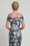 Navy Floral Off The Shoulder Printed Mermaid Mother of the Bride Dress with Pockets