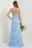 Light Blue Halter Sheath Embroidered Long Bridesmaid Dress with Slit