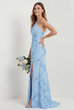 Light Blue Halter Sheath Embroidered Long Bridesmaid Dress with Slit