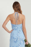 Light Blue Halter Sheath Embroidered Long Bridesmaid Dress with Slit