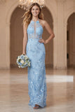 Light Blue Sheath Halter Open Back Bridesmaid Dress with Embroidery
