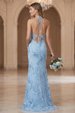 Light Blue Sheath Halter Open Back Bridesmaid Dress with Embroidery